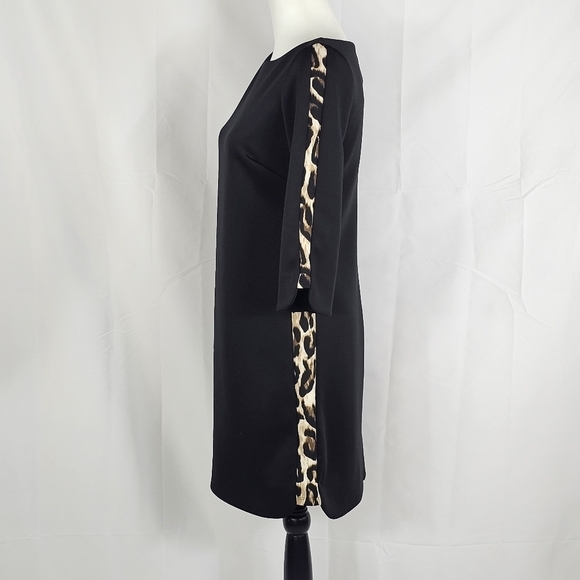 Vince Camuto Scuba Mini Dress Black with Leopard Panels 3/4 Sleeves- bb1 - Picture 2 of 8
